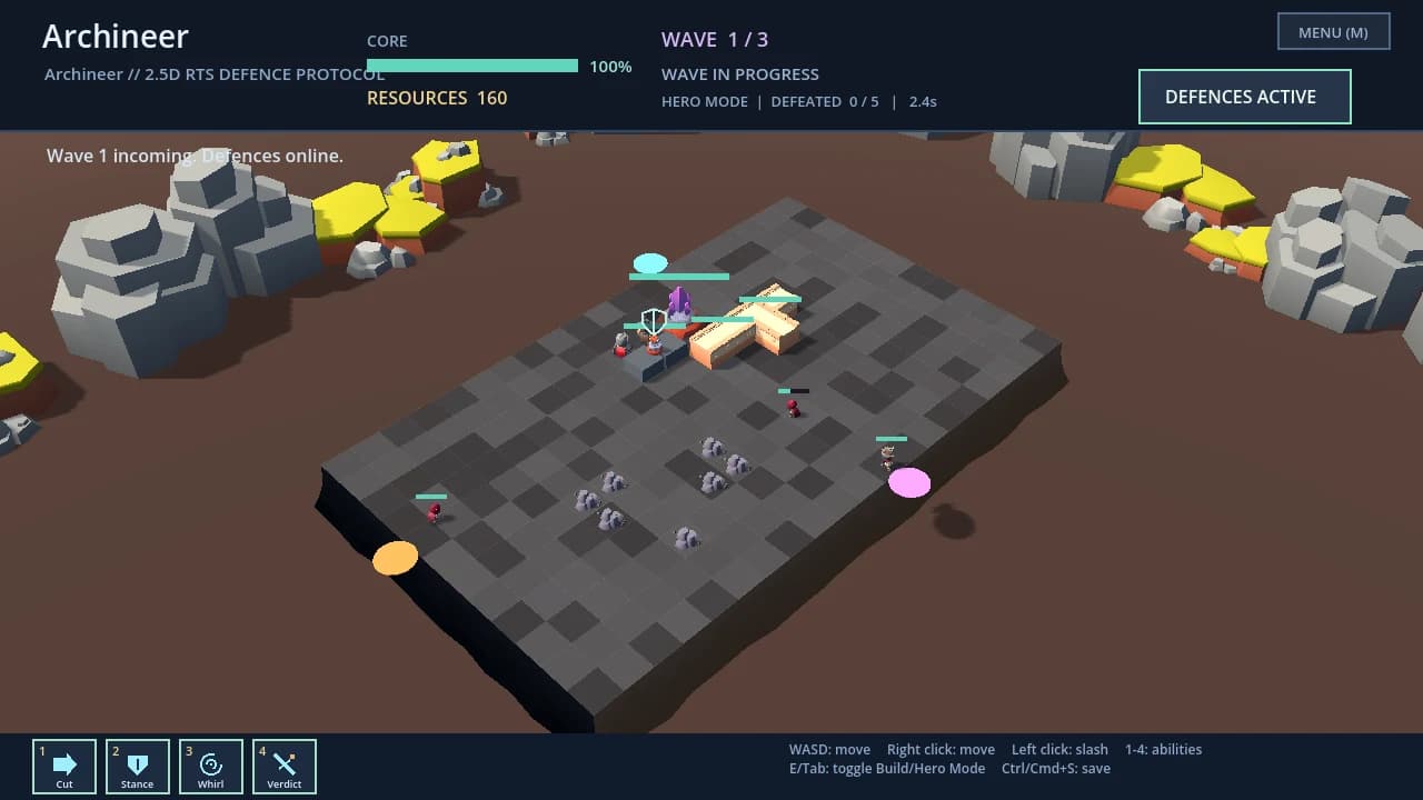 Archineer gameplay: wave 1 in progress on the 3D diorama board